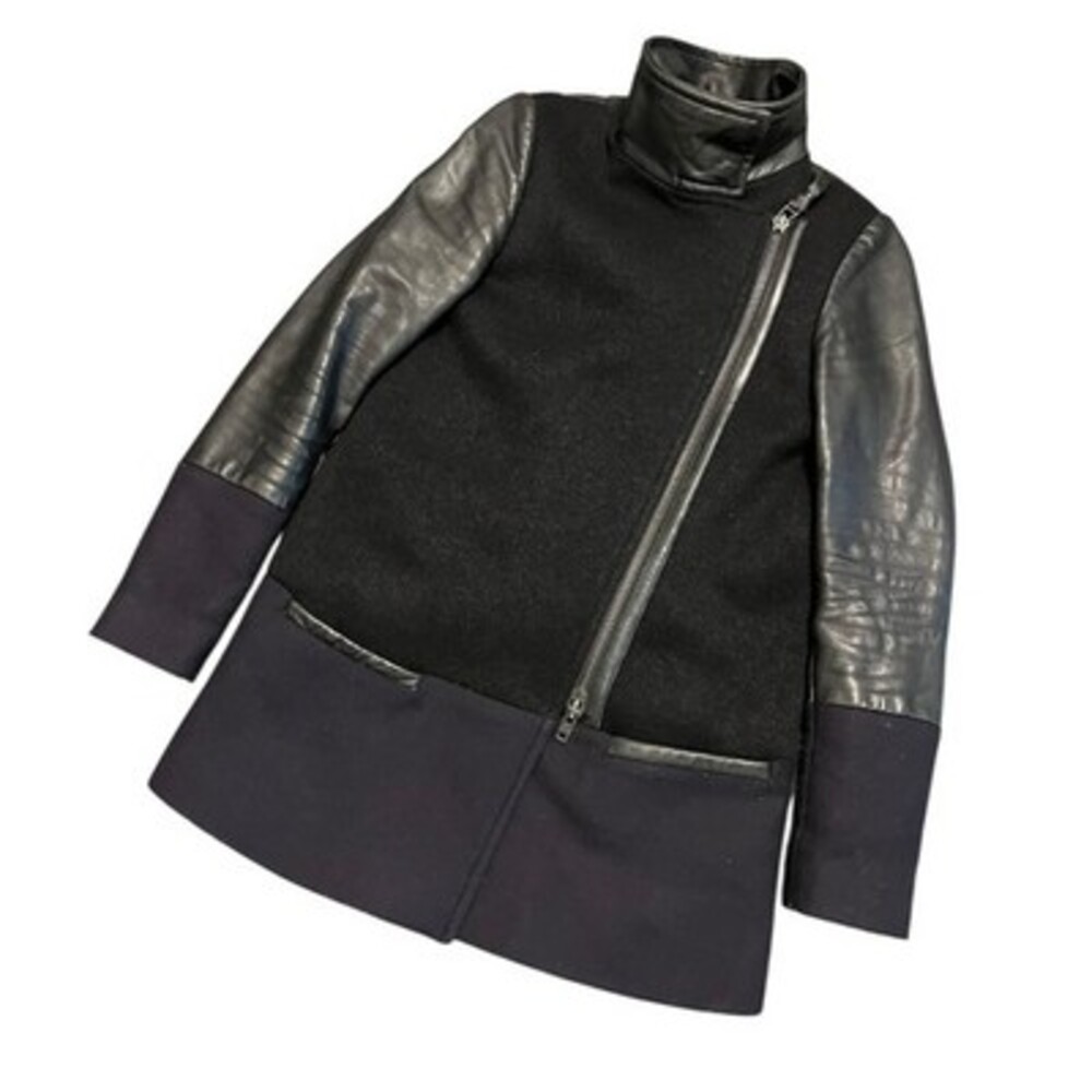 Mackage Montreal Women's Black Leather and Wool Blend Jacket, Stylish Zip Closur